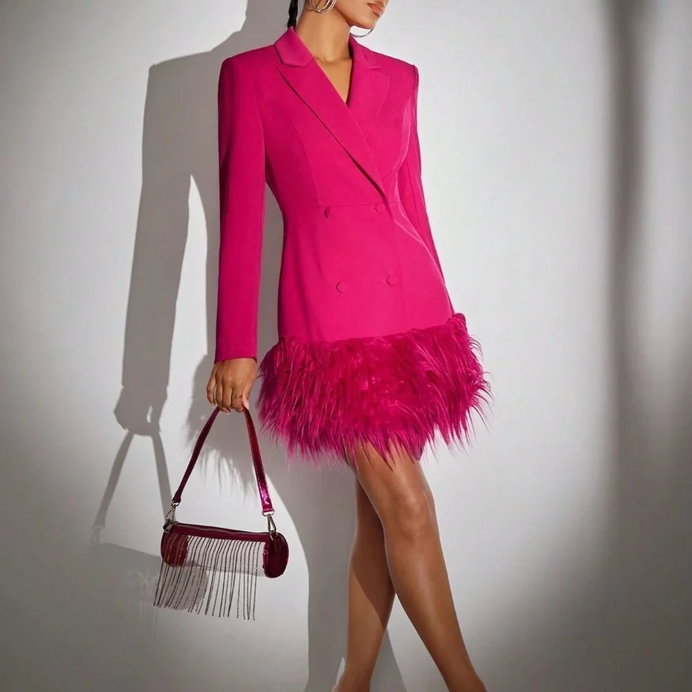 Hot Pink Preppy Womens Double Breasted Fuzzy Hem Blazer Dress - Picture 5 of 5